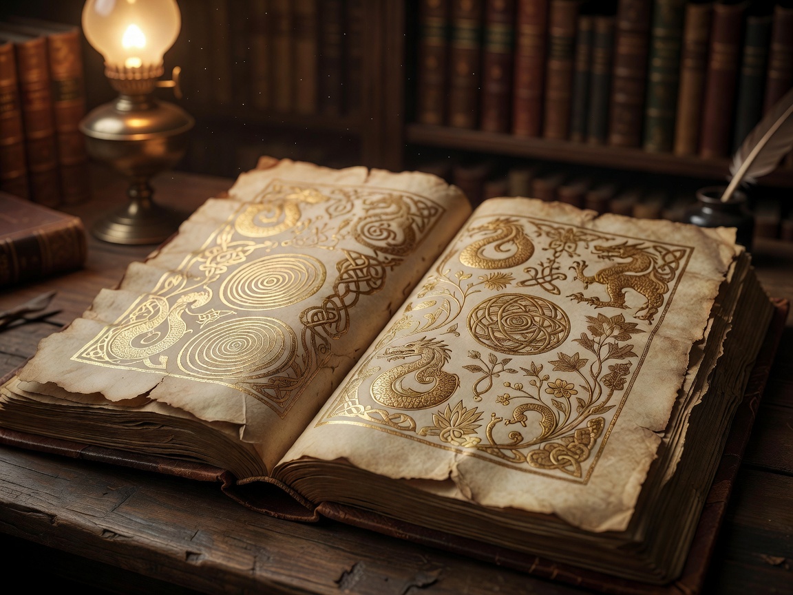 An open ancient manuscript with gold ink illustrations under soft ambient lamp glow