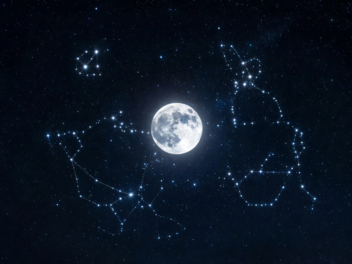 A beautiful indigo midnight sky filled with stellar constellations, star charts, and glowing cosmic smoke