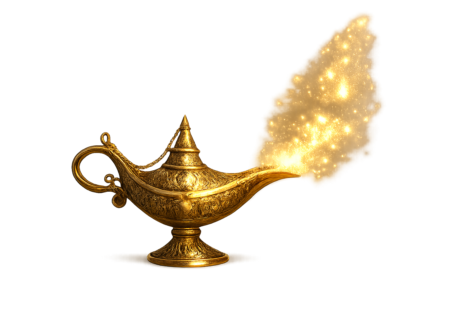 An ancient golden mystical lantern emitting glowing particles of magic