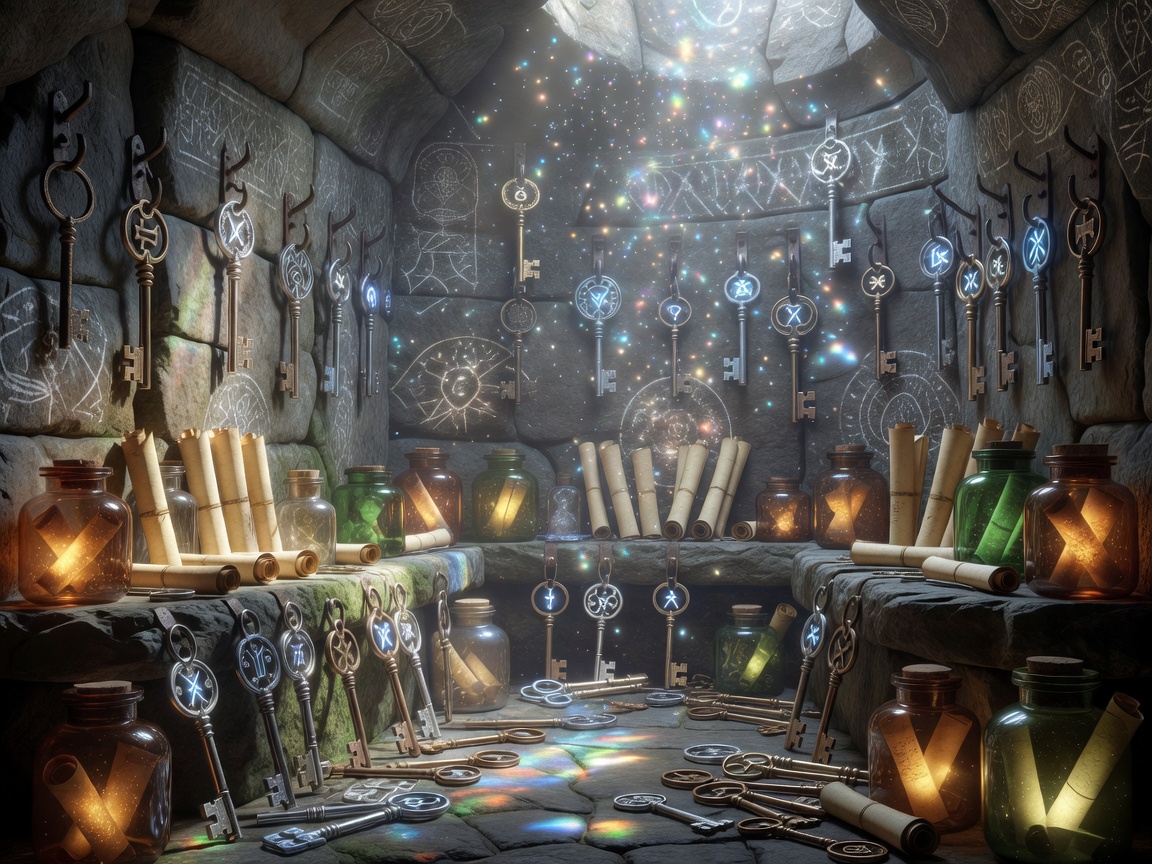 A glowing mystical vault filled with sparkling gold treasures, key symbols, and antique scrolls