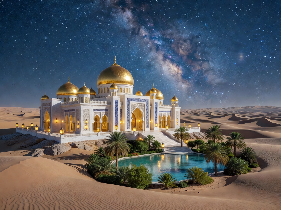 A vast luxurious gold-domed palace overlooking a starlit night desert oasis under crescent moon