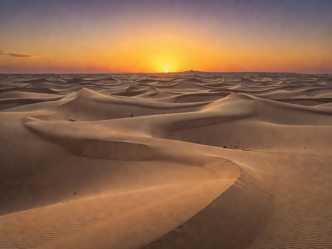 Vast rolling sand dunes at twilight with glowing gold embers rising in the air