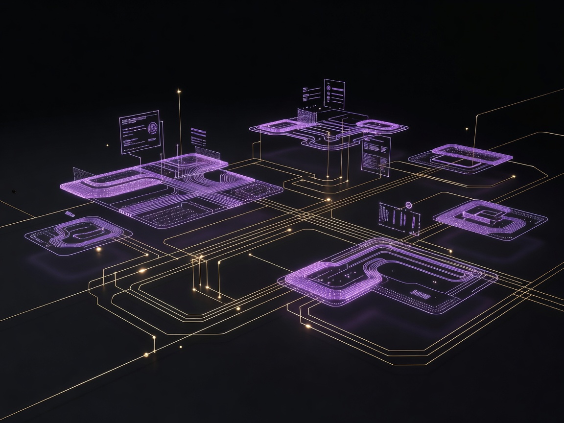 Glowing purple interfaces and futuristic gold lines illustrating UX layout principles